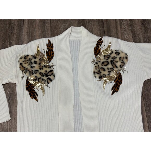 VINTAGE 80'S BEIGE GOLD LONG CARDIGAN SWEATER SHOULDER PADS ONE SIZE LEOPARD FUR - Picture 2 of 10